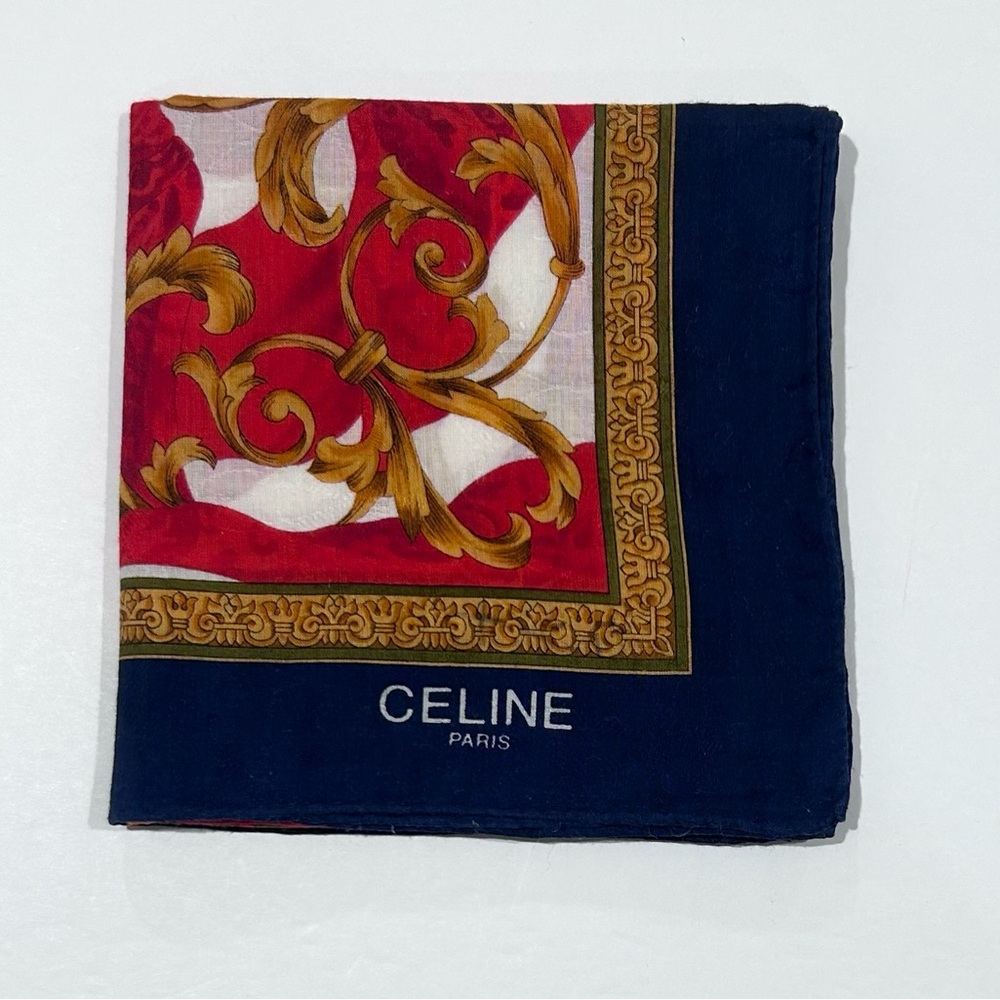 WOMEN HANDKERCHIEF CELINE Blue Green Gold Scarf COTTON POCKET SQUARE 20” - Picture 2 of 9